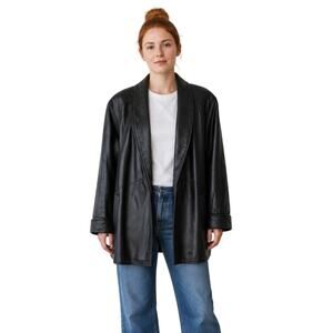 Vintage 80s Pelle Black Leather Coat Womens Size Large Oversized Shoulder Pads